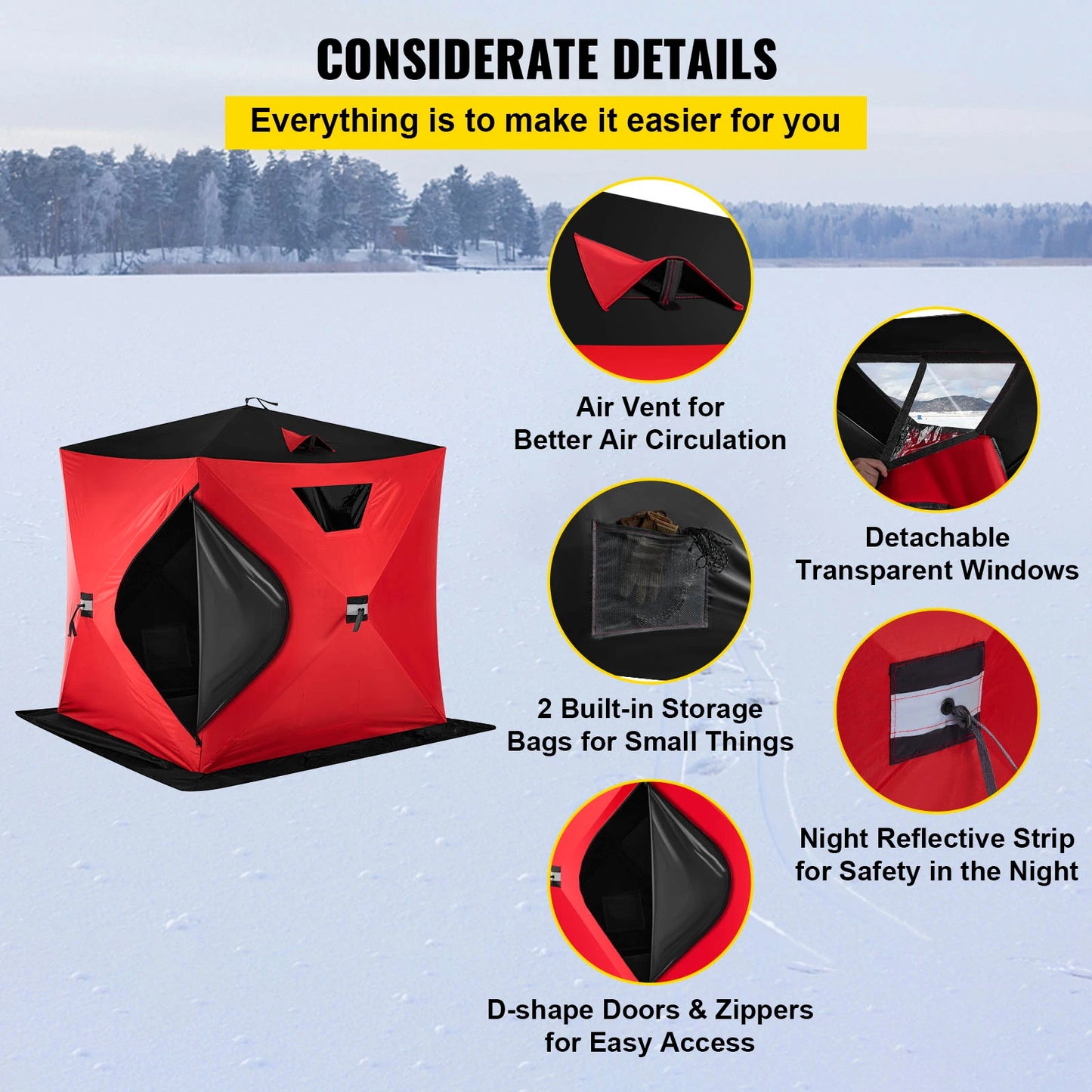 VEVOR Ice Fishing Tent Warm Awning Pop-Up 2-Person Oxford Fabric Waterproof Windproof Canopy for Winter Fishing Camping Hiking