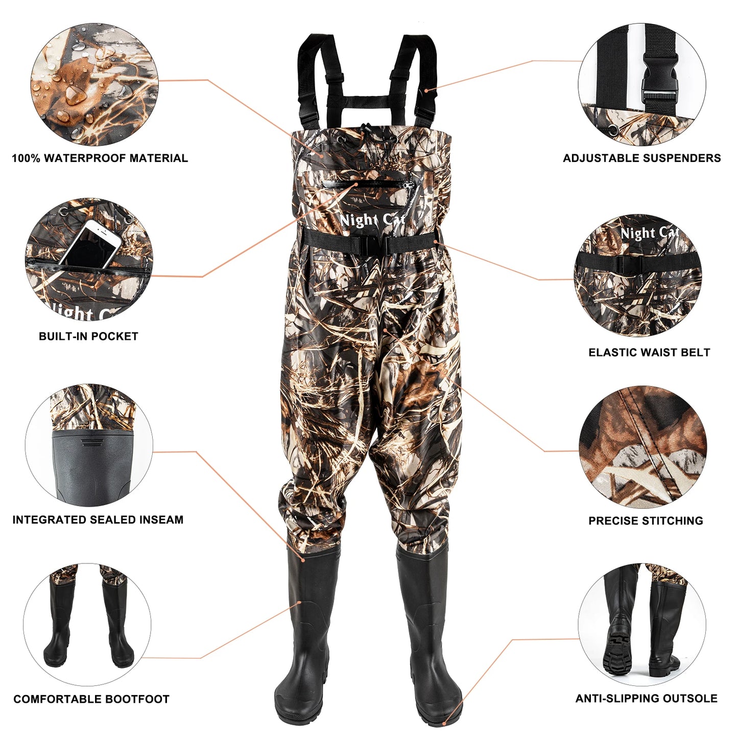 Night Cat Fishing Wader for Men Women Waterproof Hunting Nylon Chest Wader with Boots Belt